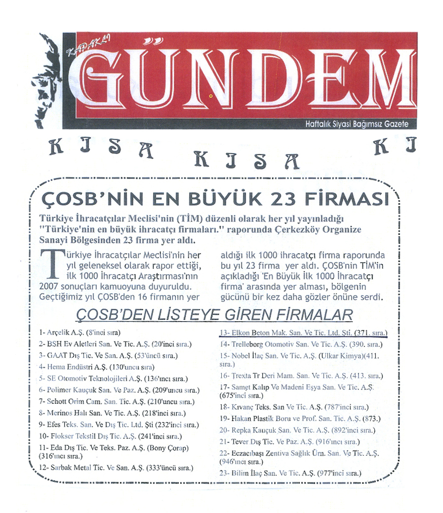 ELKON, ÇOSB'nin En Büyük 13. Firması