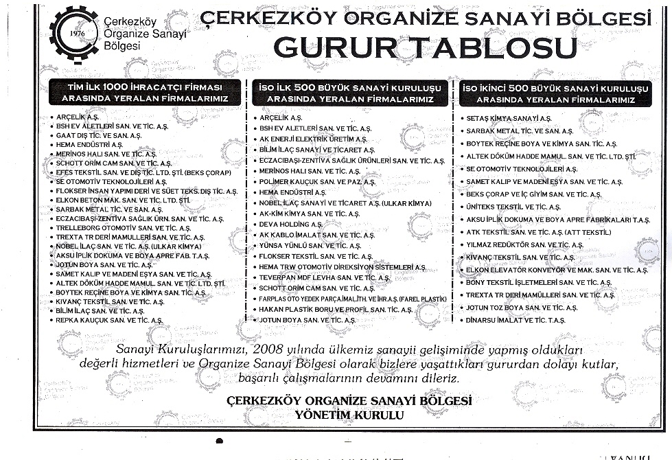 ELKON, Dünya Gazetesinde yayınlanan Çerkezköy Organize Sanayi Bölgesi Gurur Tablosundaki yerini almıştır