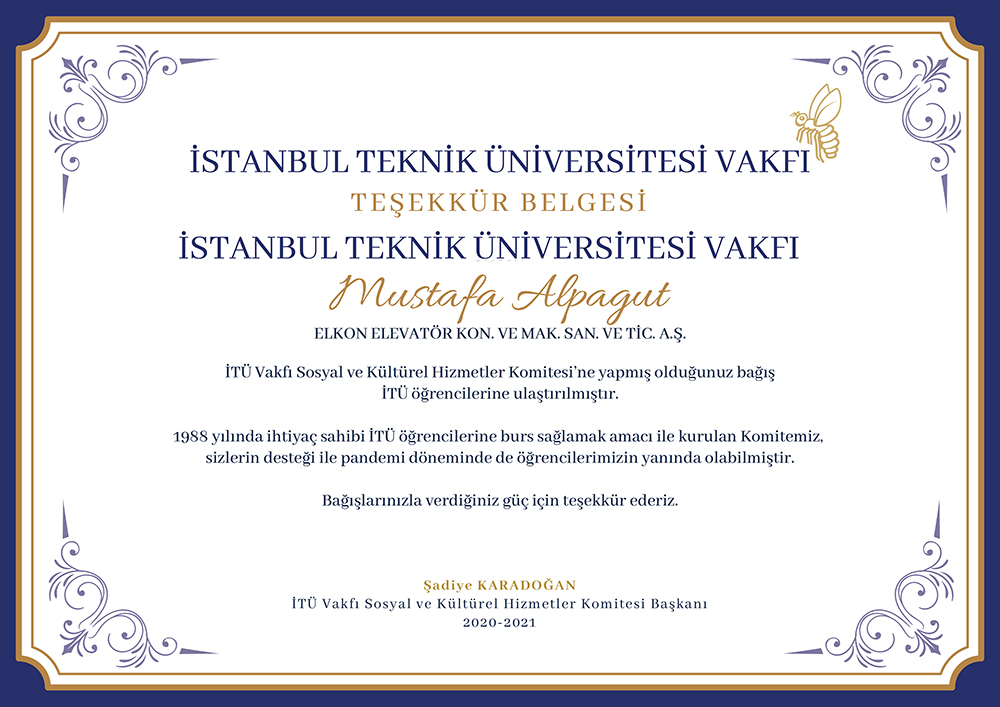 İstanbul Teknik Üniversitesi Vakfı'ndan Mustafa Alpagut'a Teşekkür Belgesi